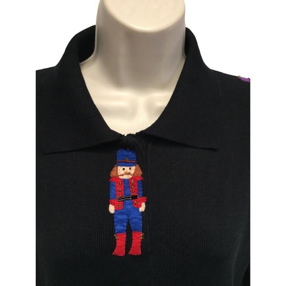 Sweater Weather Polo Sweater Black Beaded Christmas Toy Soldier L NWT May Fit M - Picture 2 of 7